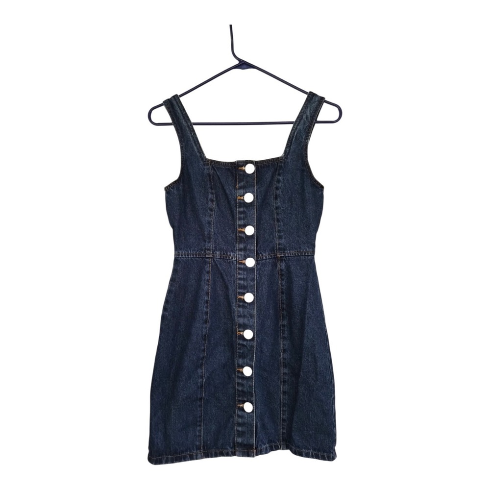 Cotton On Denim Mini Dress US 2 Dark Wash Button Front Square Neck Y2K Nwot